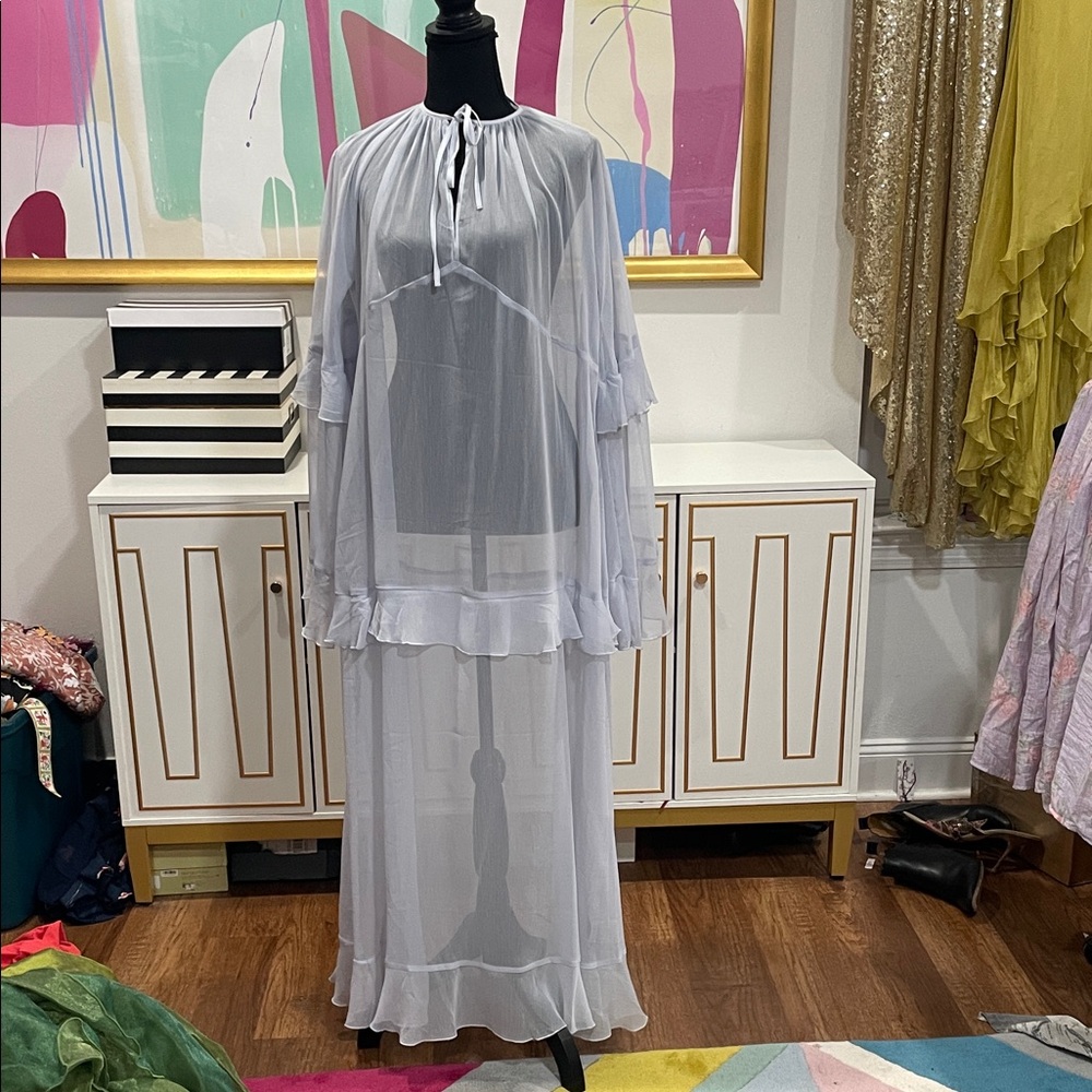 H&M Pale Blue Sheer Maxi Dress with Ruffle Trim
